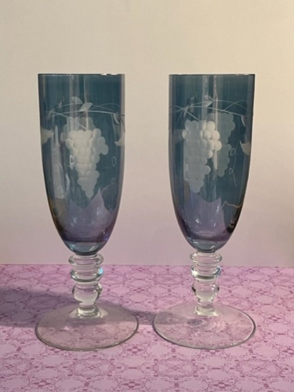 Vintage crystal mouth blown etched grapes and leaves champagne flutes glasses